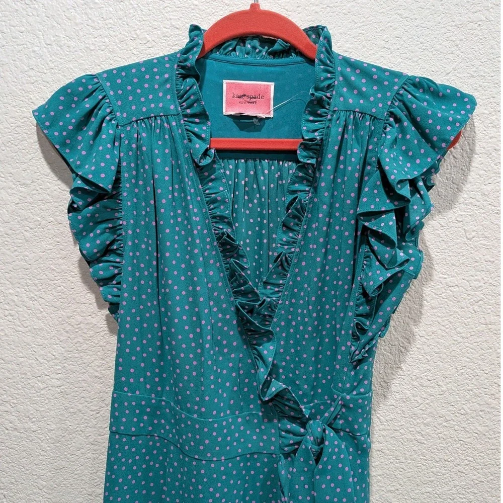 Kate Spade Polka Dot Ruffle Wrap Midi Dress 4 Poolside Green Pink Belted